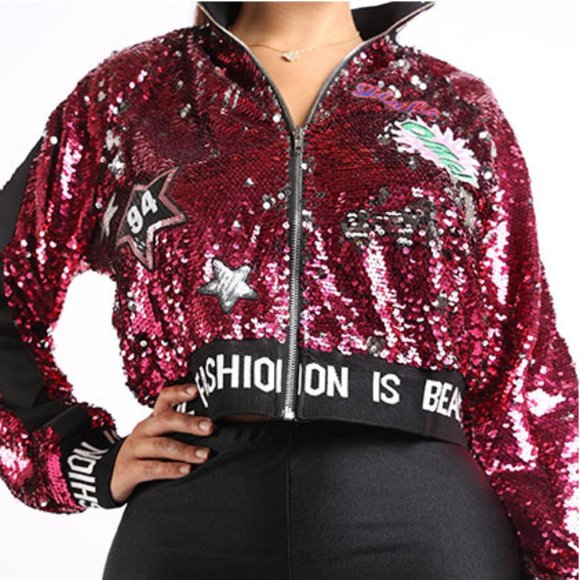 Sequin Cropped Embroidery Patches Varsity Bomber Jacket - Picture 2 of 11